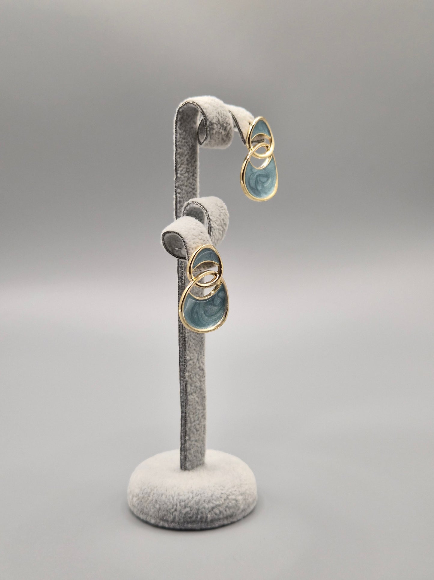 Blue Turquoise Enamelled Double Gold Ring Stud Earrings