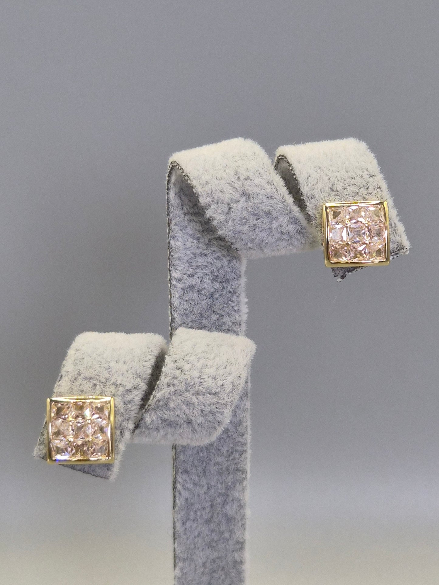 Square Bezel & Bead 9 Stone Round Brilliant Cut Stud Earrings