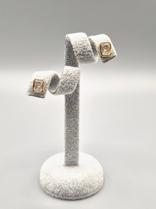 Emerald Cut Cubic Zirconia Bezel Set Gold Plated Stud Earrings