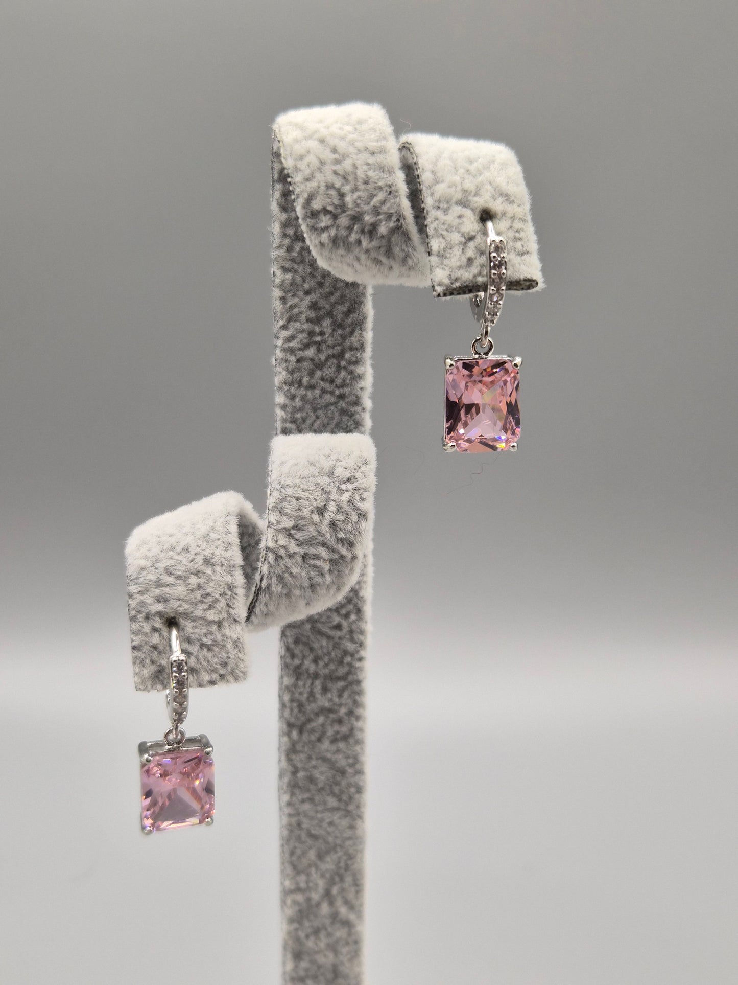Pink Emerald Cut & Cubic Zirconia Drop Earrings