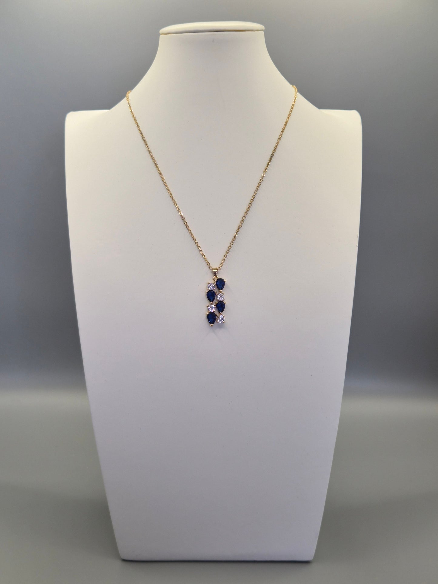 Blue Pear & Round Cubic Zirconia Drop Pendant