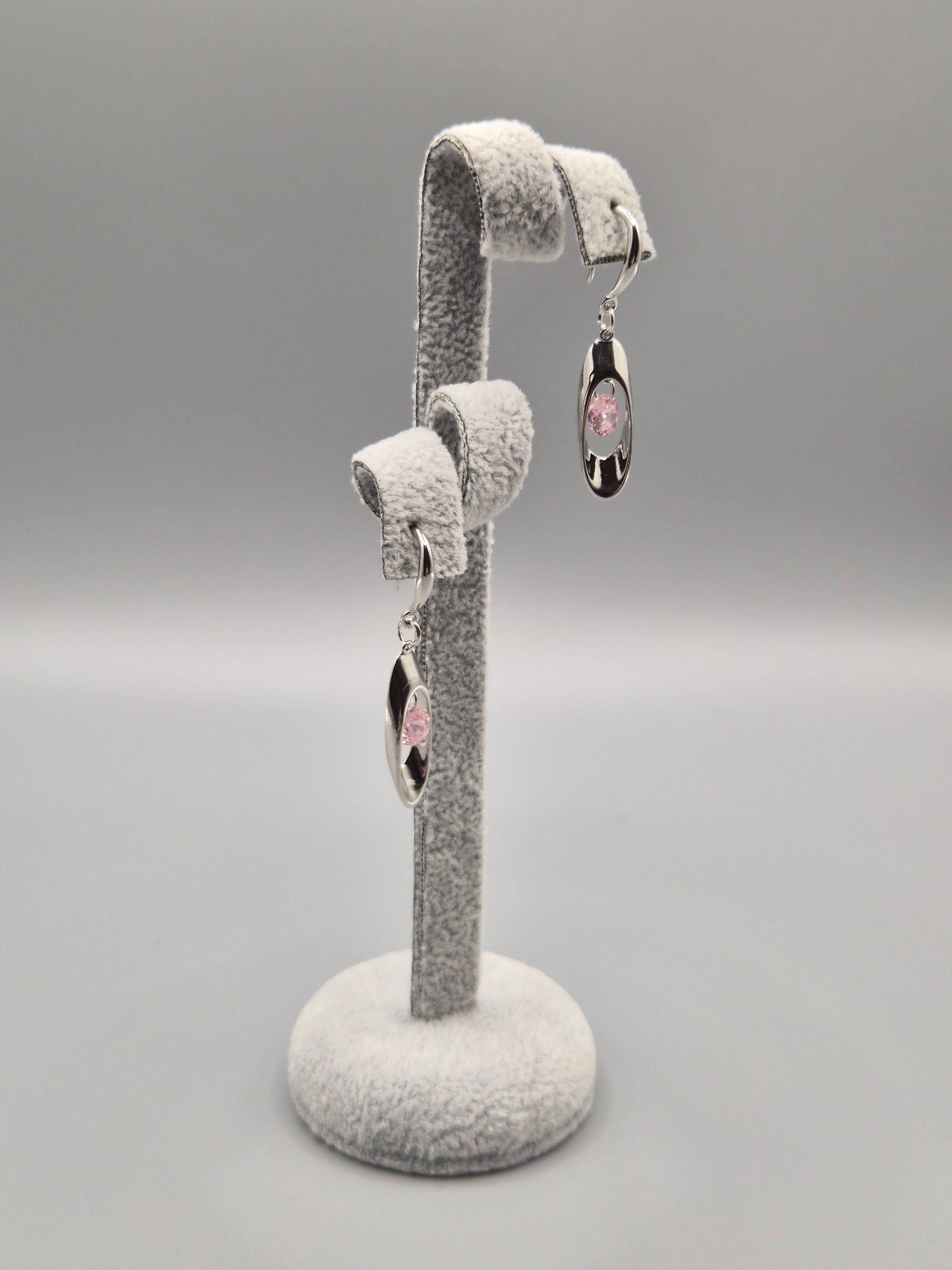 Pink Round Stone Within Silver Oval Drop Earrings