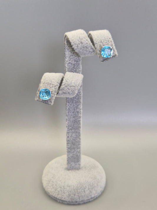 Ocean Blue Cubic Zirconia Cushion Shaped Stud Earrings