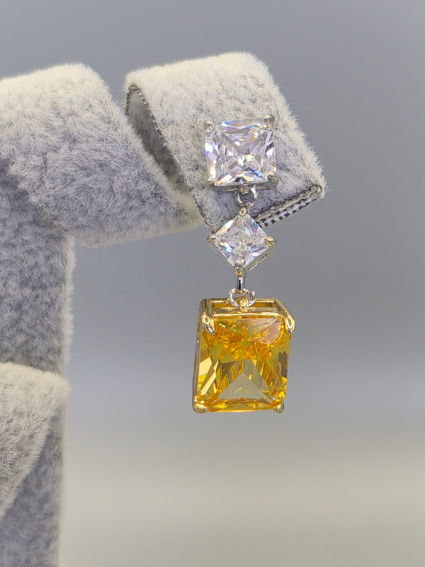 Yellow Princess CutCubic Zirconia Trilogy Drop Earrings
