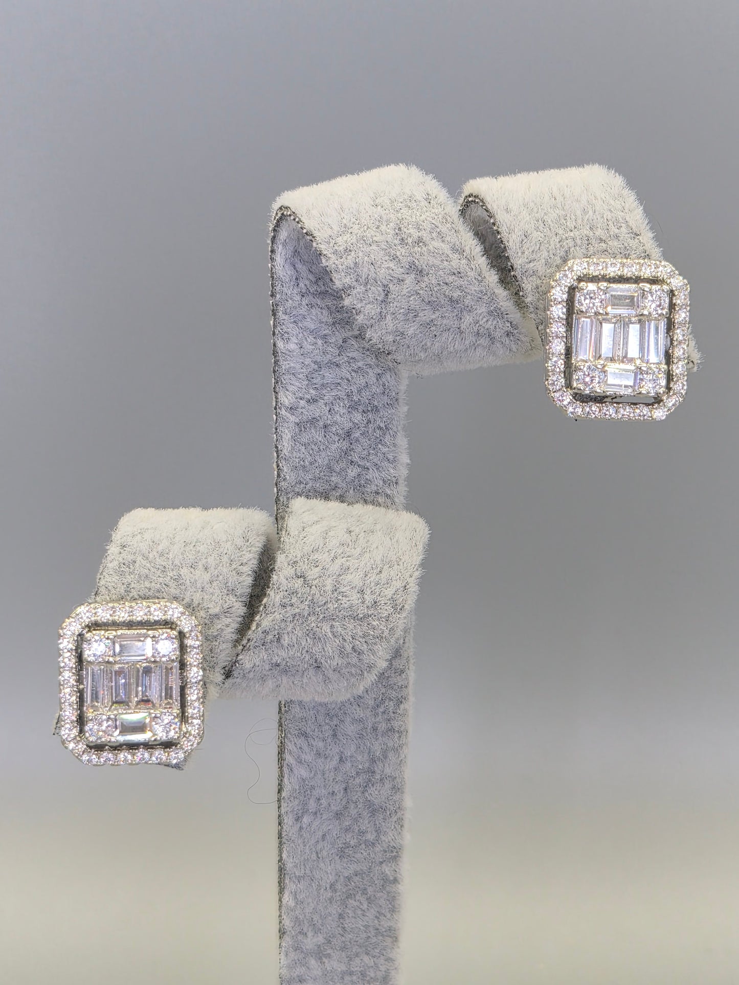 Halo Baugette & Round Brilliant Cut Cubic Zirconia Stud Earrings