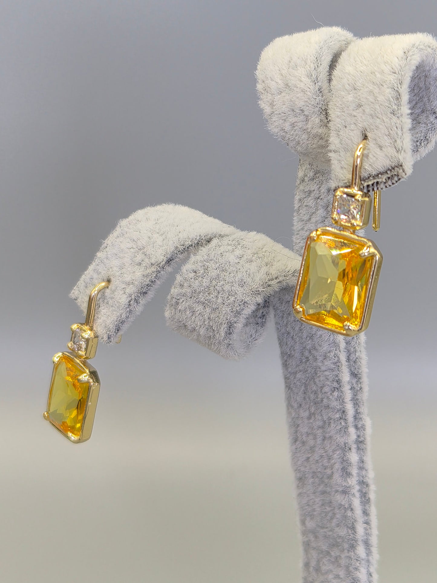 Emerald Cut Yellow & Round Brilliant Cut Cubic Zirconia Hook Through Earrings