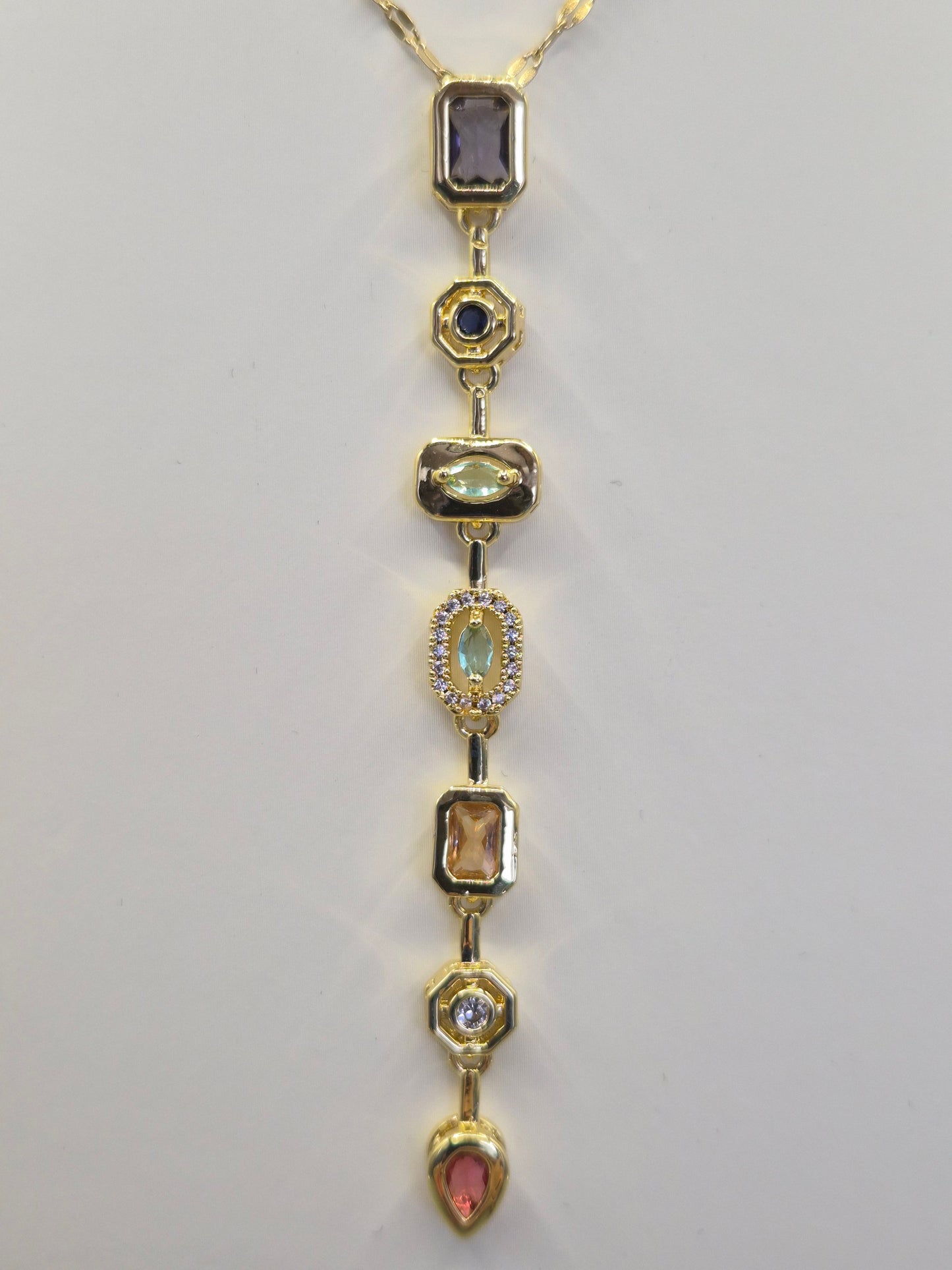 Multi Coloured 7 Stone  Cubic Zirconia Pendant With Extending Chain From 16"-18"  - Yellow