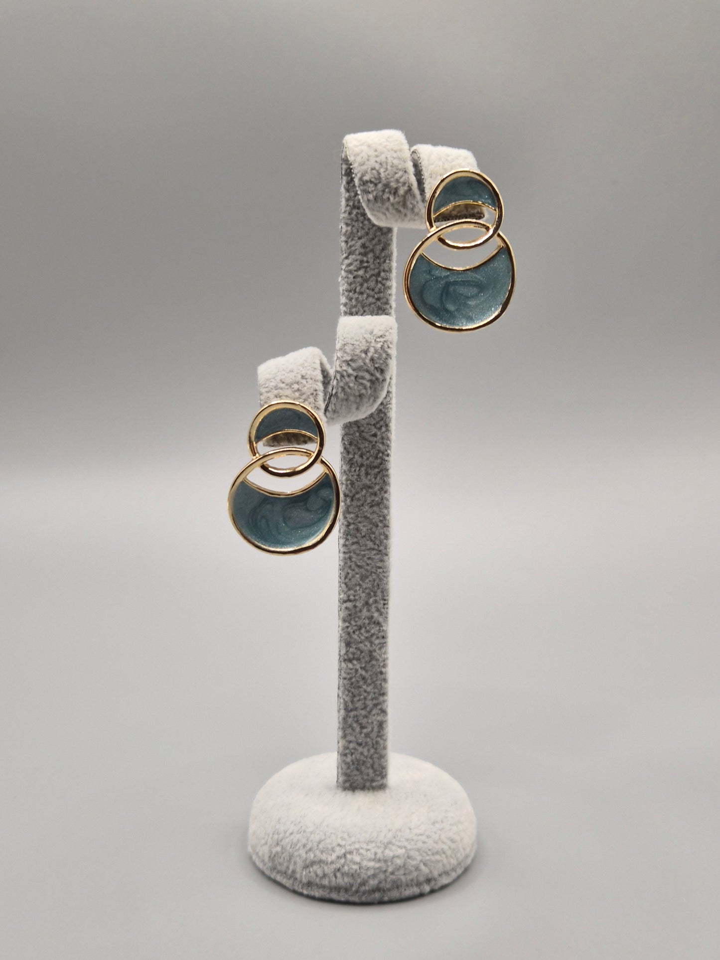 Blue Turquoise Enamelled Double Gold Ring Stud Earrings