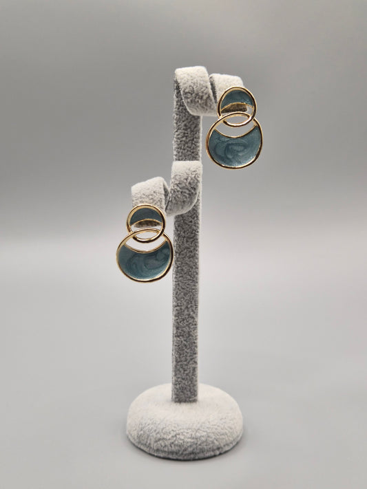 Blue Turquoise Enamelled Double Gold Ring Stud Earrings