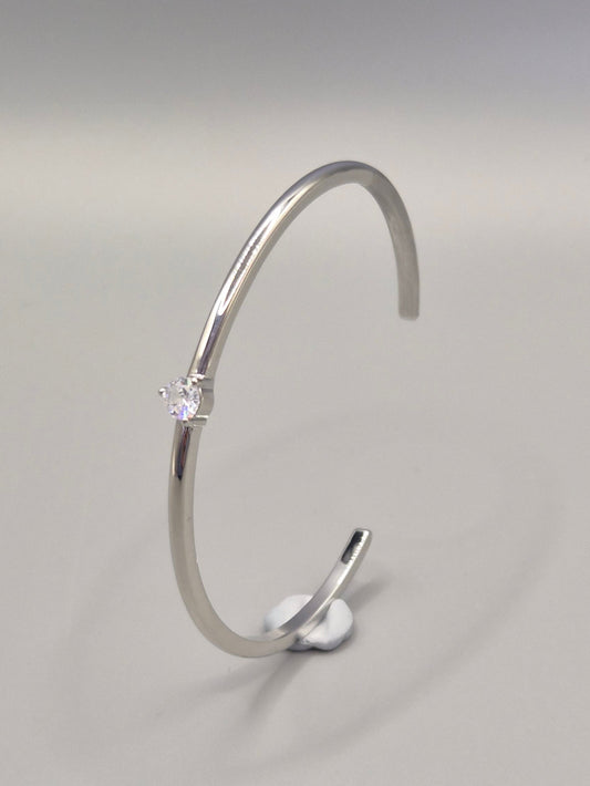 Torque Bangle Claw Set With Single Cubic Zirconia Centre Stone Silver Coloured