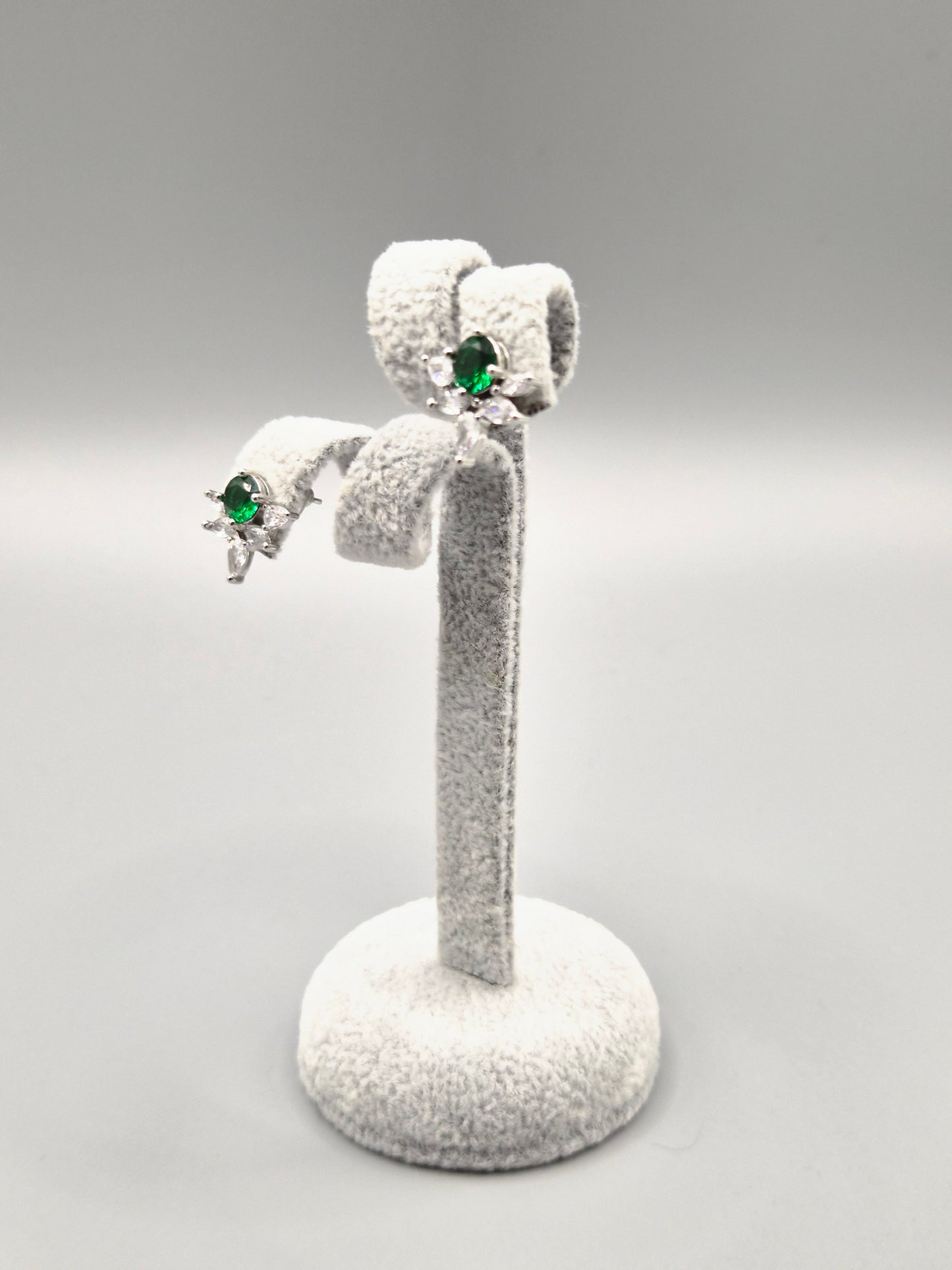 Green & Cubic Zirconia Flower Design Stud Earrings
