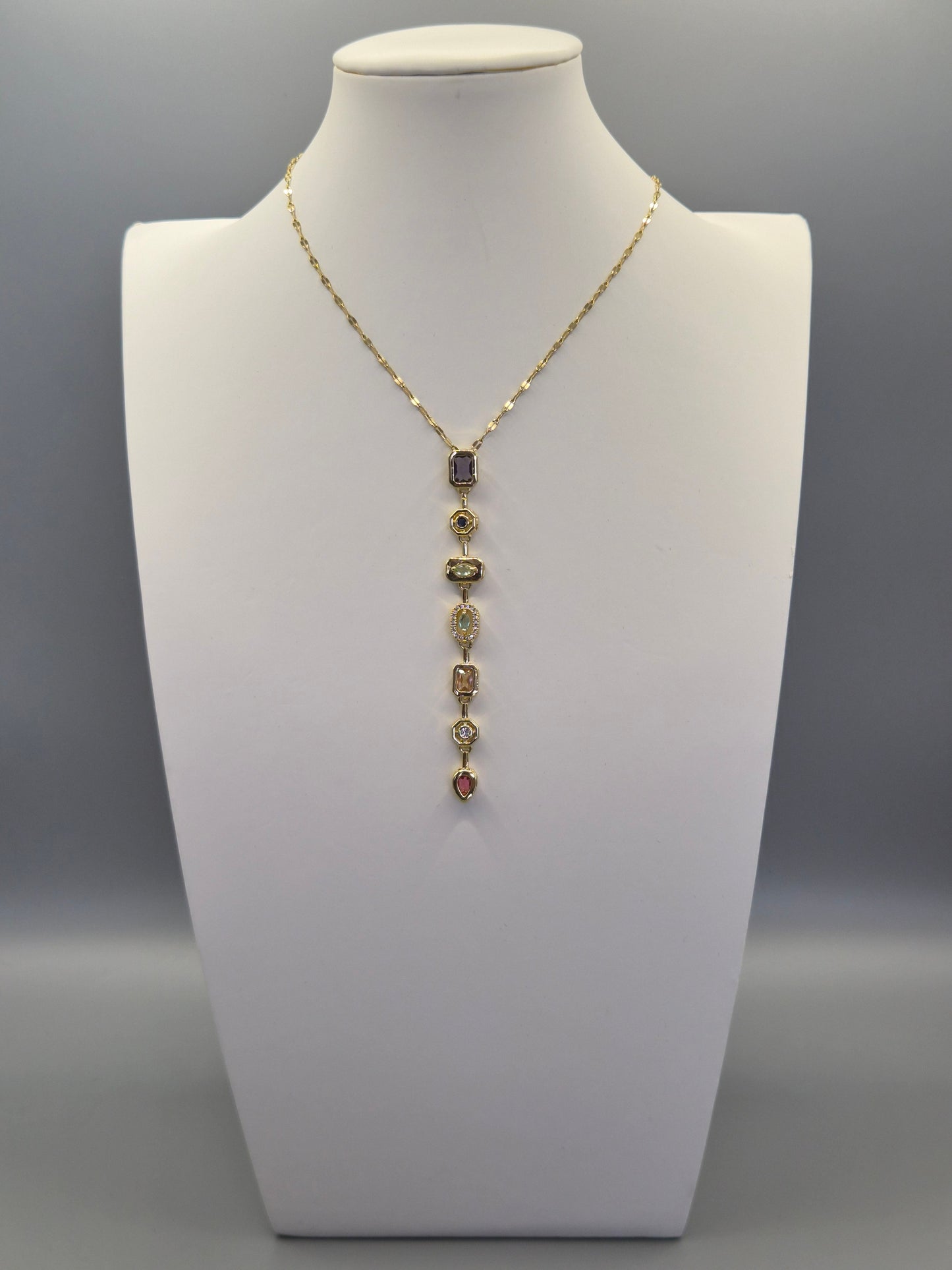 Multi Coloured 7 Stone  Cubic Zirconia Pendant With Extending Chain From 16"-18"  - Yellow