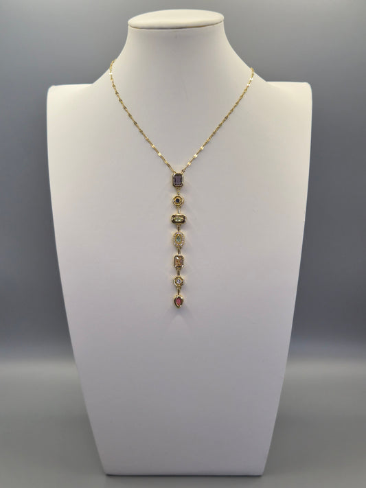 Multi Coloured 7 Stone  Cubic Zirconia Pendant With Extending Chain From 16"-18"  - Yellow