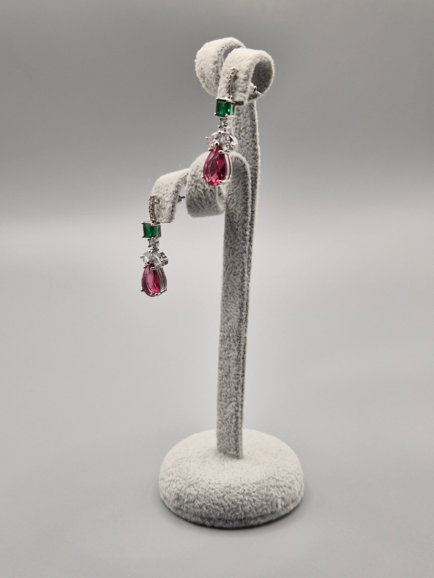 Pink, Green & White Cubic Zirconia Pear Drop Earrings