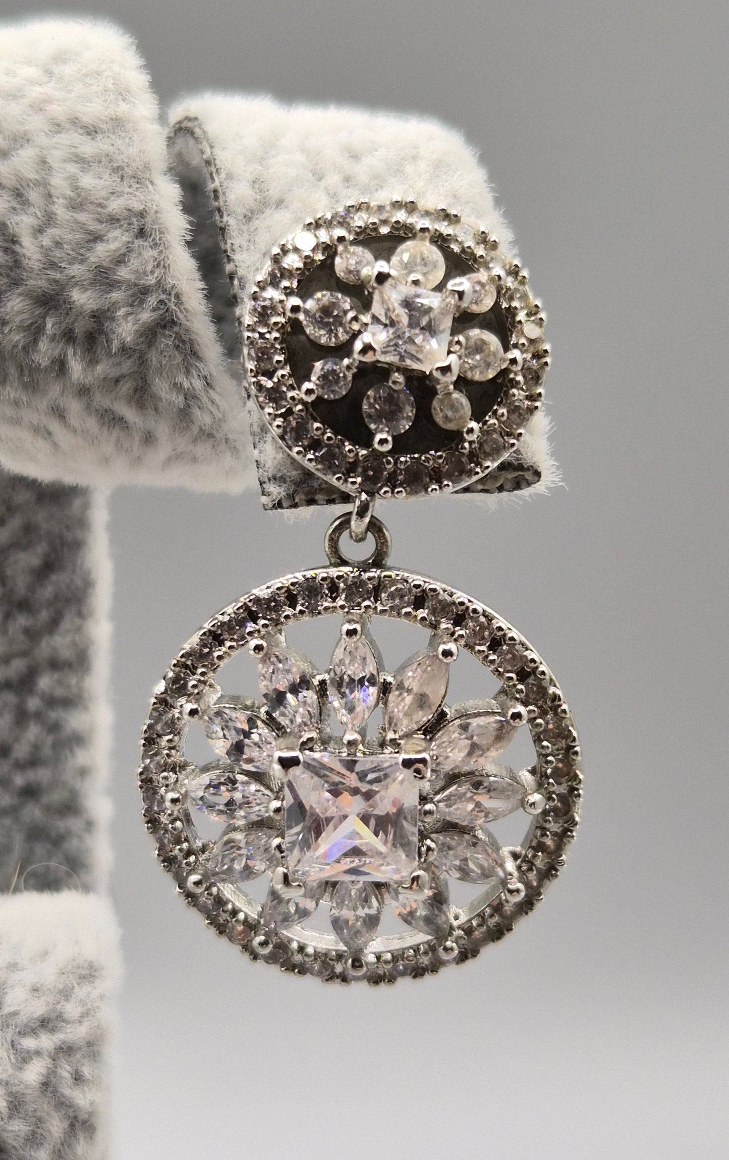 Double Flower Circle Cubic Zirconia Drop Earrings