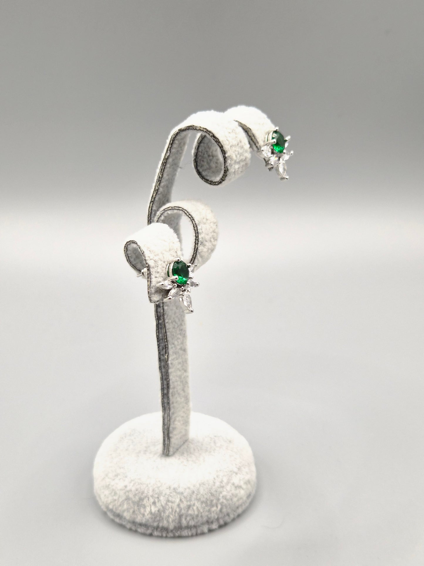 Green & Cubic Zirconia Flower Design Stud Earrings