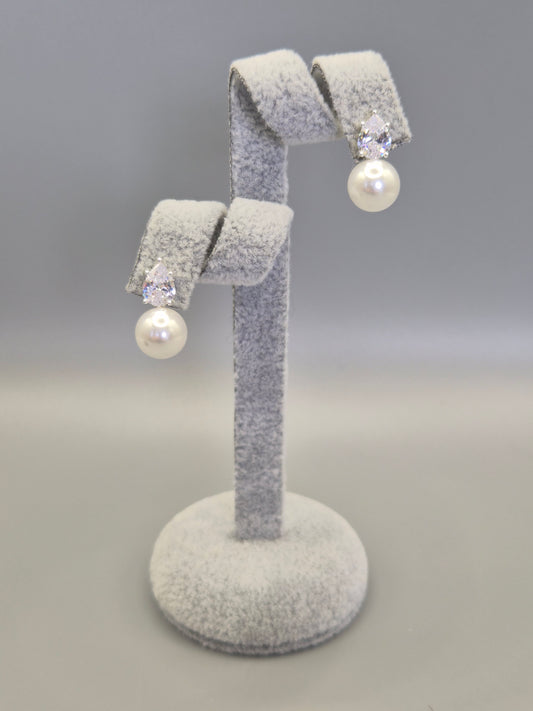 Double Pearl & Pear Shaped Cubic Zironia Stud Earrings