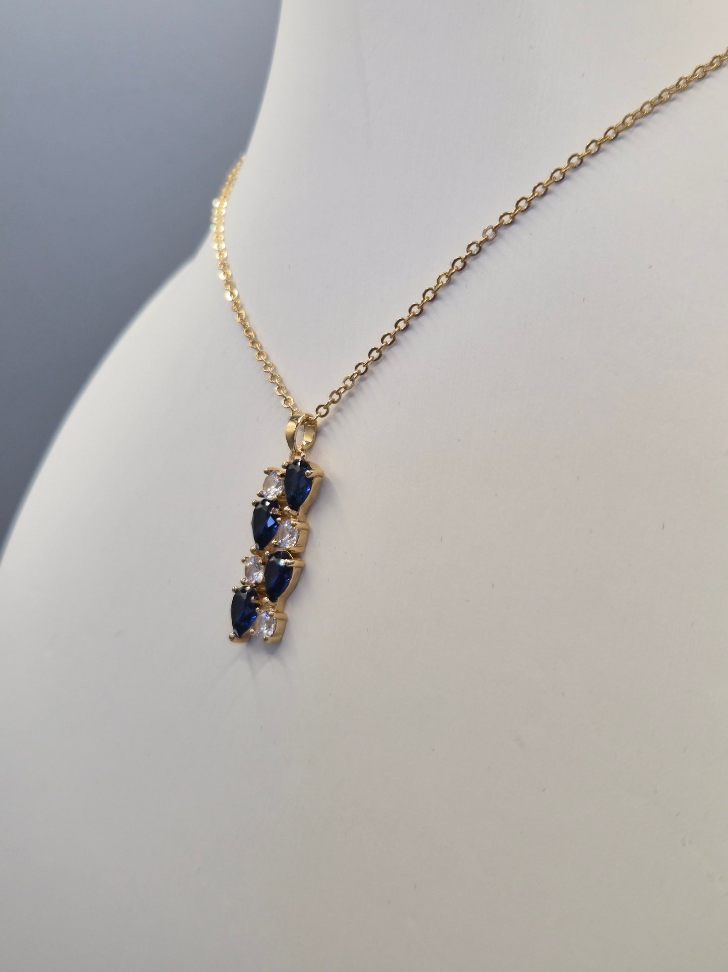Blue Pear & Round Cubic Zirconia Drop Pendant
