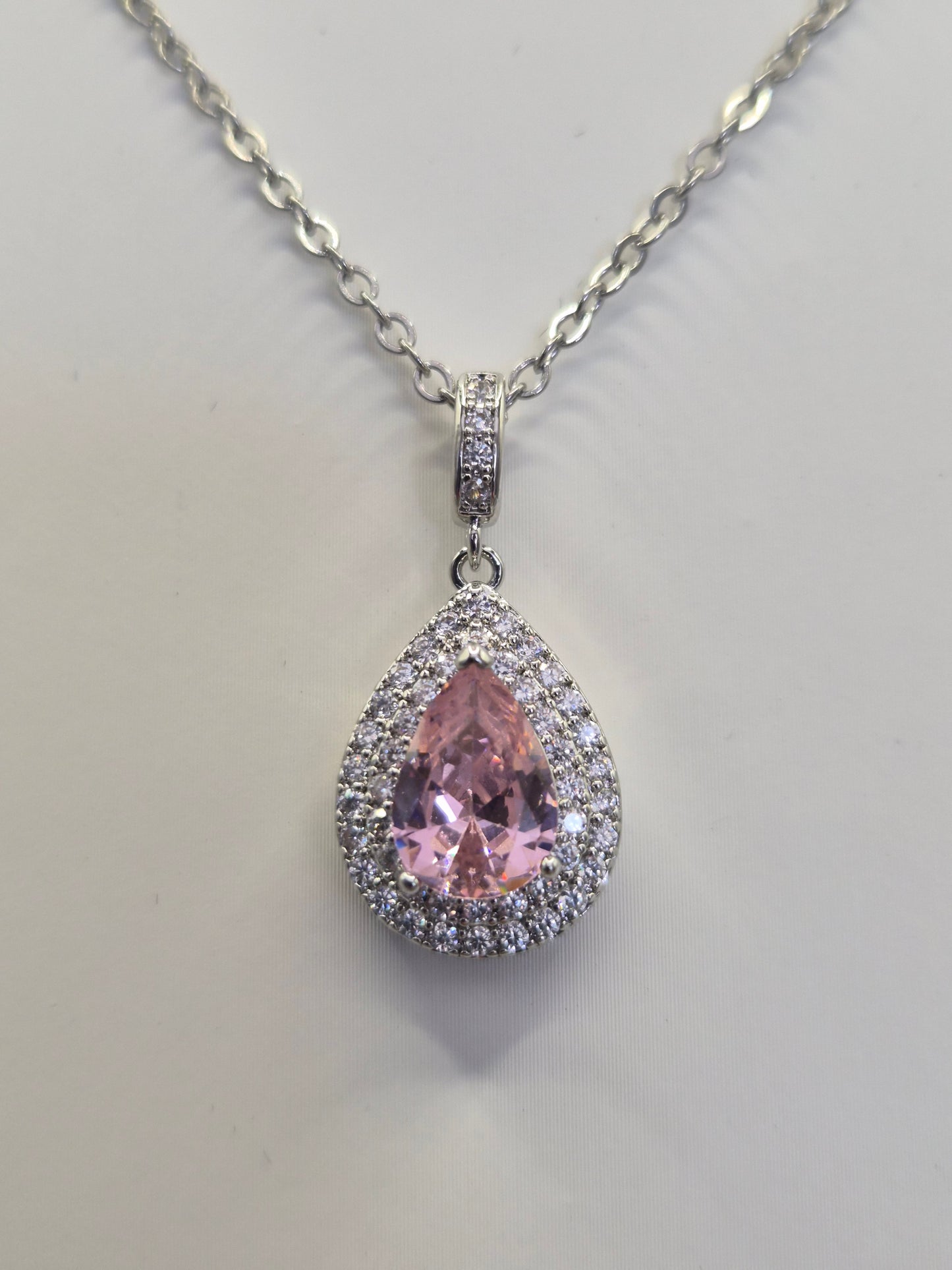 Pink Pear & Double Row  Round Cubic Zirconia Pendant