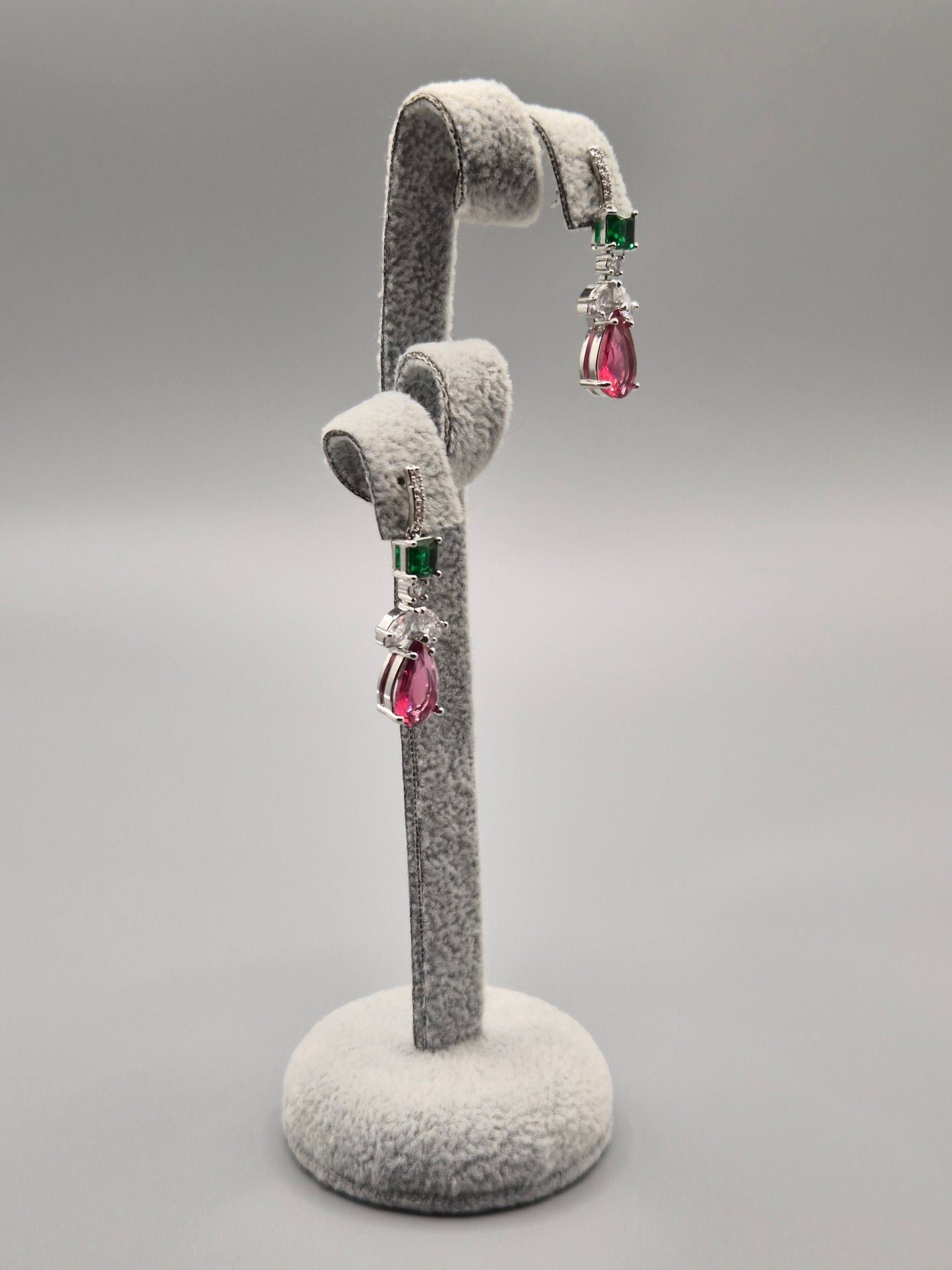 Pink, Green & White Cubic Zirconia Pear Drop Earrings