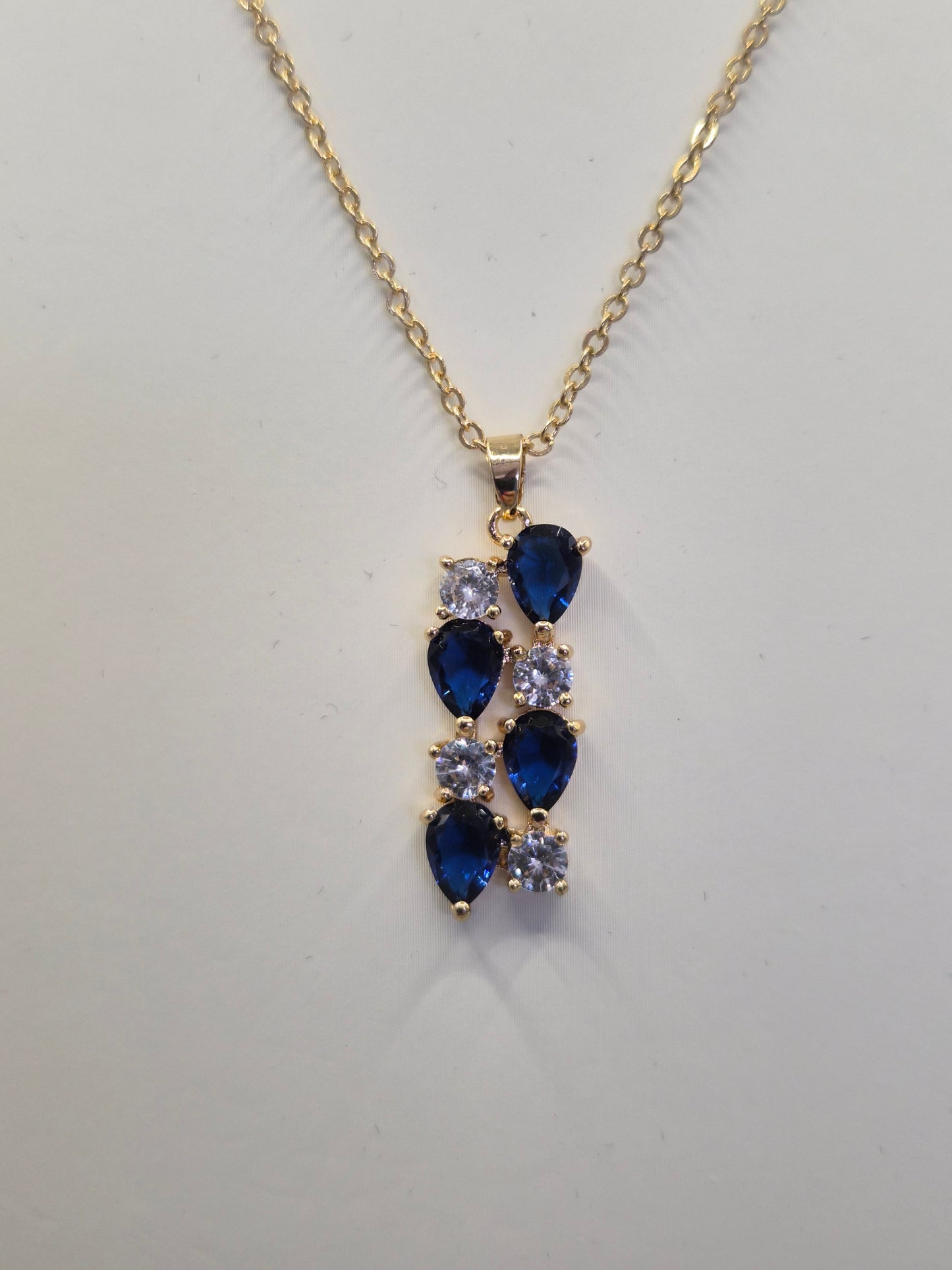 Blue Pear & Round Cubic Zirconia Drop Pendant