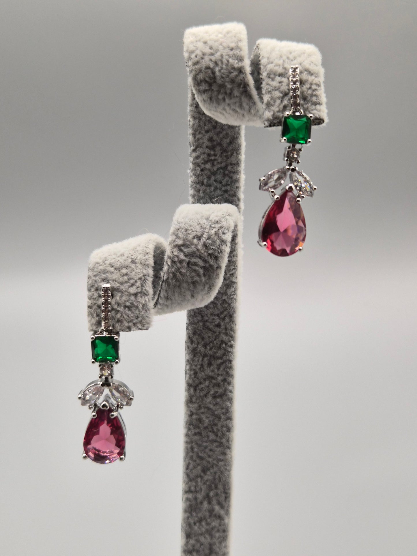 Pink, Green & White Cubic Zirconia Pear Drop Earrings