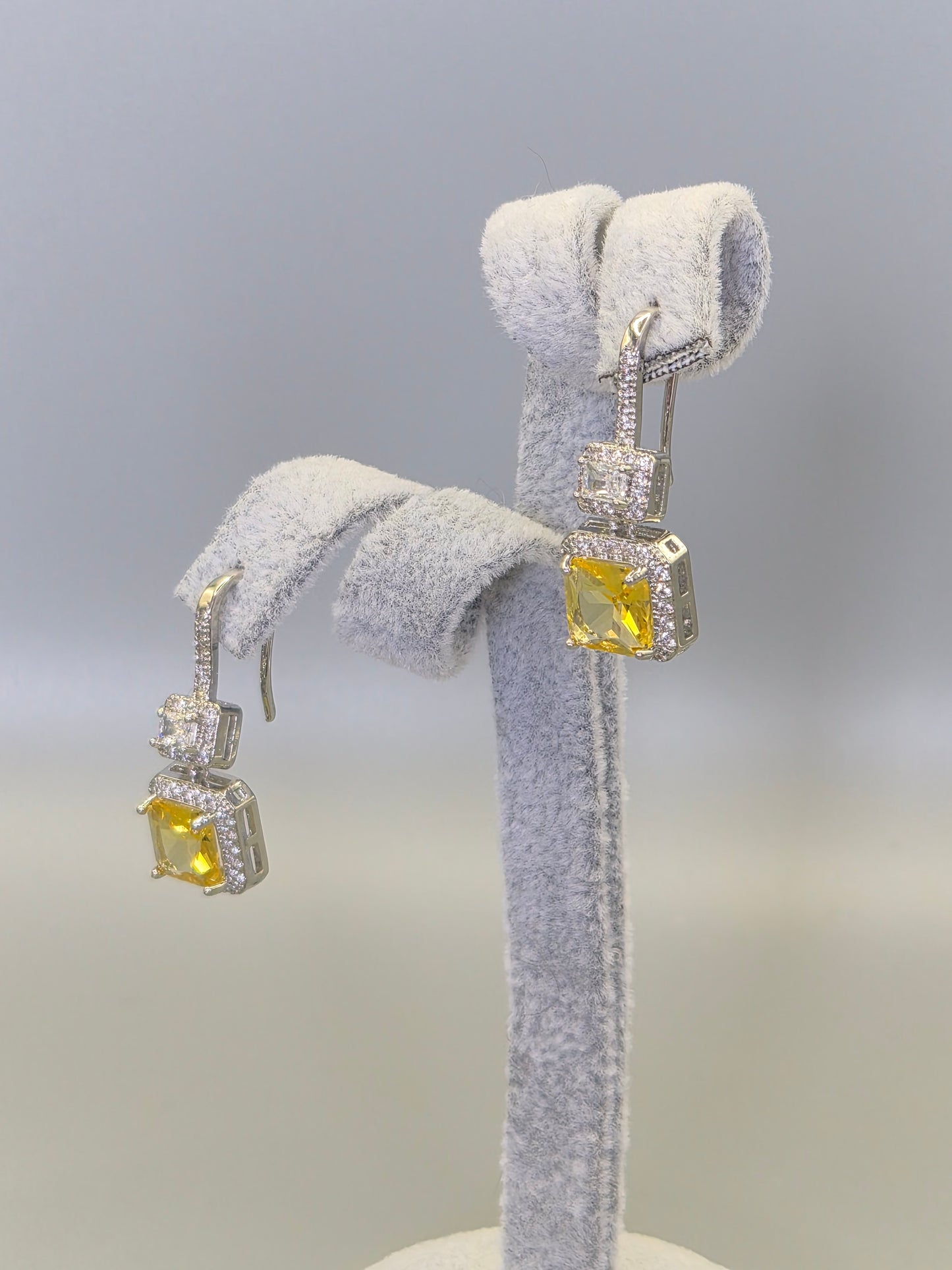 Princess Cut Yellow & Baugette Cubic Zirconia  Hook Through Earrings