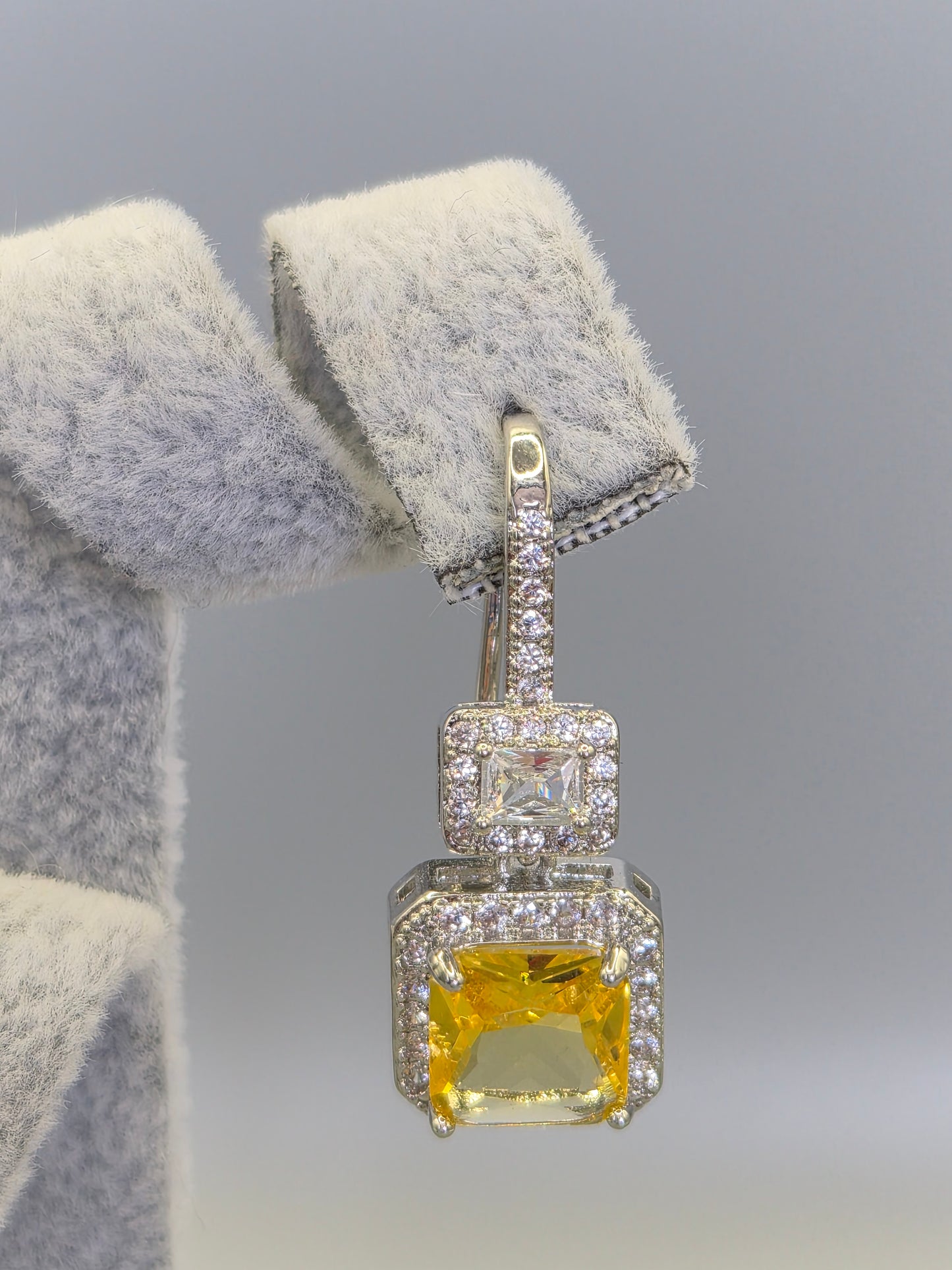 Princess Cut Yellow & Baugette Cubic Zirconia  Hook Through Earrings