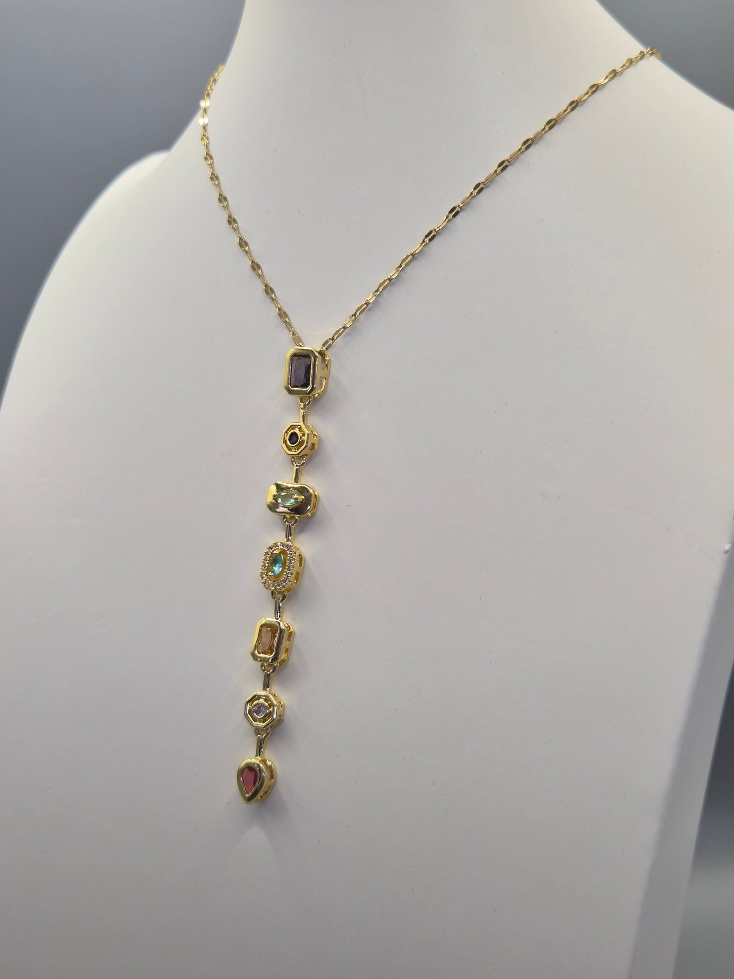 Multi Coloured 7 Stone  Cubic Zirconia Pendant With Extending Chain From 16"-18"  - Yellow
