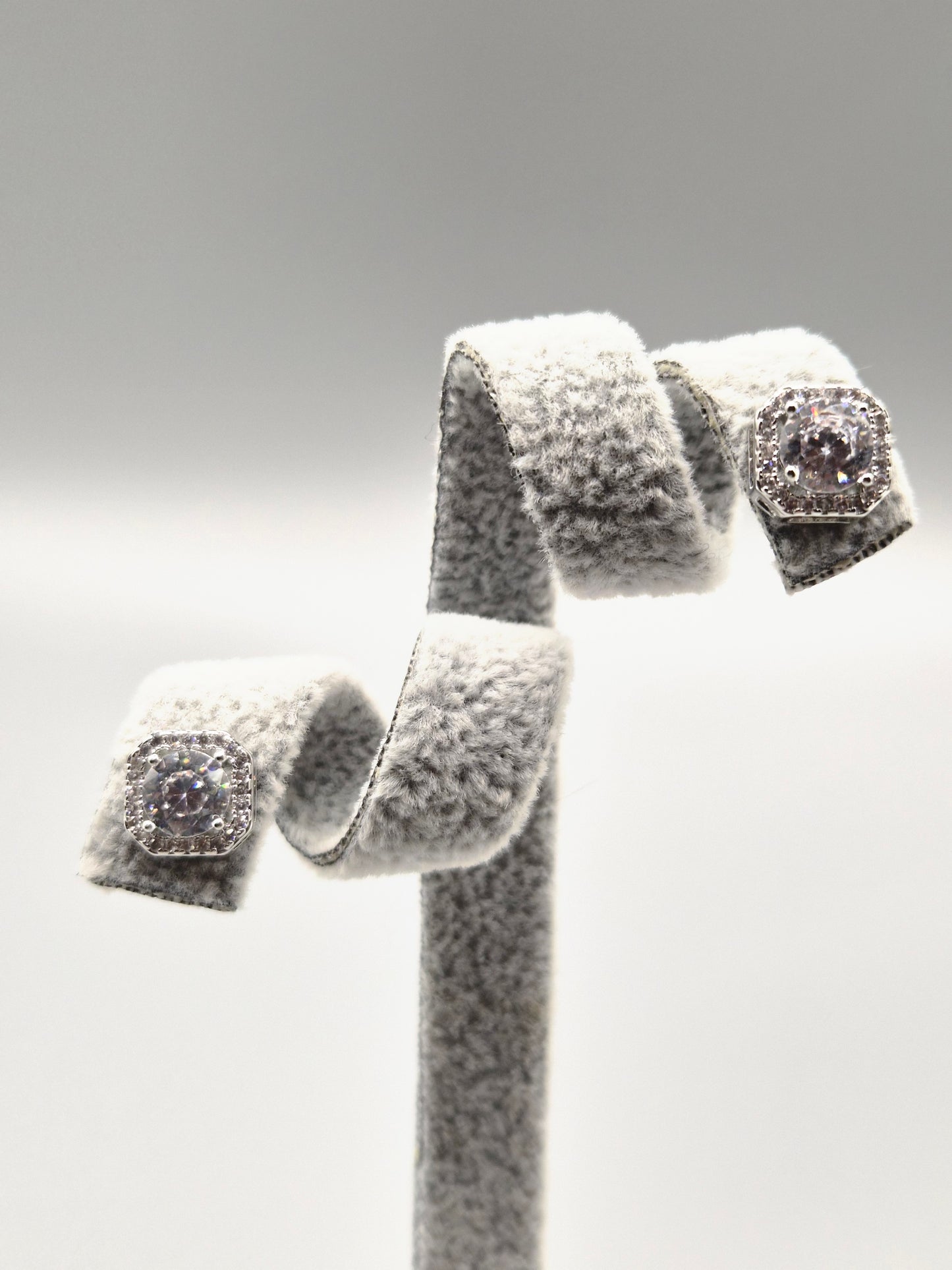Cubic Zirconia Square Halo Design Stud Earrings